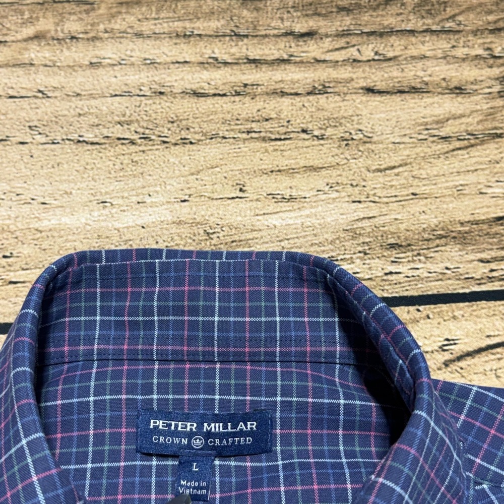 Peter Millar Crown Crafted Shirt Mens L Blue Pink Plaid Performance Long Sleeve - Picture 3 of 6